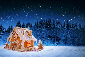 Christmas Gingerbread house and starry sky.