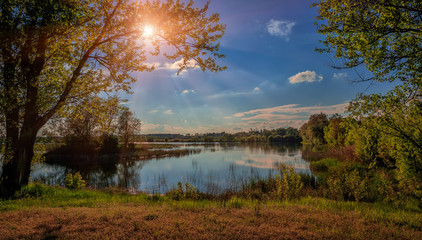 Fototapeta na wymiar A beautiful view by the lake in forest during sunset in a summer evening. majestic sunset in nature. Fantastic river with fresh grass in the sunlight. wonderful sunny landscape.