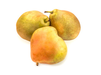 Three ripe blushful pears isolated on white.
