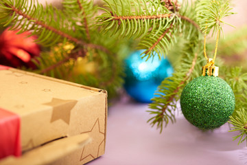 Fototapeta na wymiar Christmas tree and Christmas toys as backgrounds