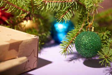 Fototapeta na wymiar Christmas tree and Christmas toys as backgrounds