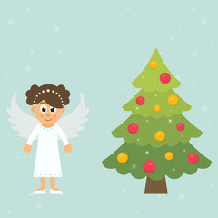 cartoon christmas angel and christmas fir tree 