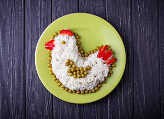Festive salad in shape of chicken, symbol of 2017 year