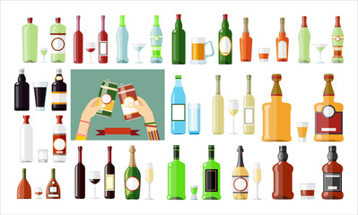 Set of different drinks and cocktails. Vector illustration.