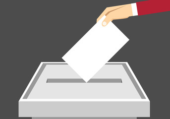 Vector illustration voting concept - hand putting voting paper in the ballot box.