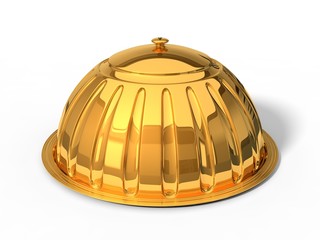 3d illustration of golden Restaurant cloche. in closed position.