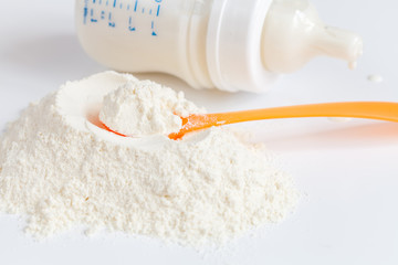 preparation of mixture baby feeding on white background