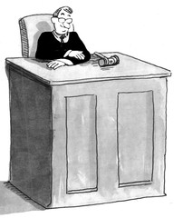 Black and white illustration of a judge sitting in the courtroom.