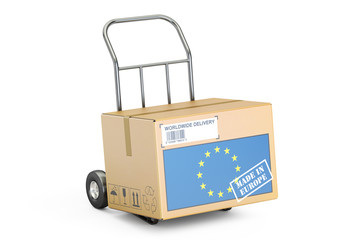 Made in European Union concept. Cardboard Box on Hand Truck, 3D