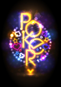 Poker game neon lights signboard design, poster for casino or club
