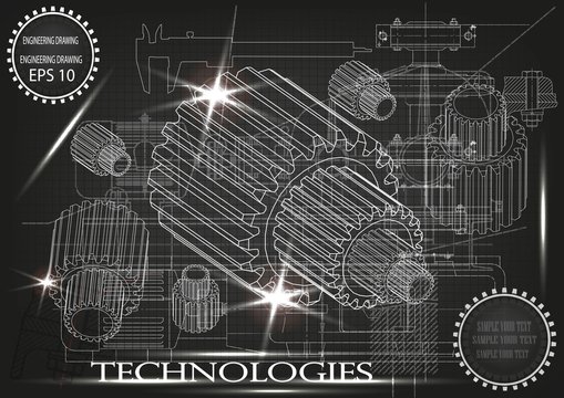 Background of mechanical engineering drawings, industry, education, gear, 3d science -vector illustration