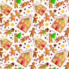 seamless pattern christmas cookies gingerbread man and girl near sweet house decorated with icing dancing and having fun in a cap with the Christmas tree and gifts, xmas sweet food vector illustration