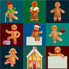 set christmas cookies gingerbread man and girl near sweet house decorated with icing dancing and having fun in a cap with the Christmas tree and gifts, xmas sweet food vector illustration