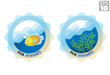 Eco friendly labels for ocean water, fish, seaweed, sea life