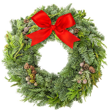 Christmas Wreath Fir Pine Spruce Twigs Cones Red Ribbon Bow