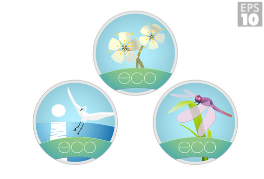 Eco labels or icons for the oceans, birds, insects, plants, cherry blossoms