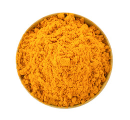 turmeric in wood bowl on white background