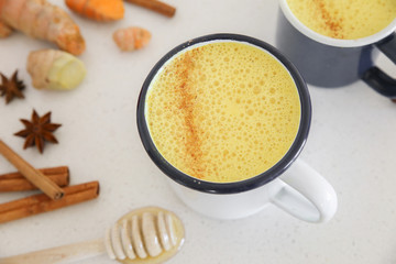 Turmeric latte, Golden milk, Turmeric milk made from turmeric, almond mink, cinnamon, ginger and honey, healthy hipster drink