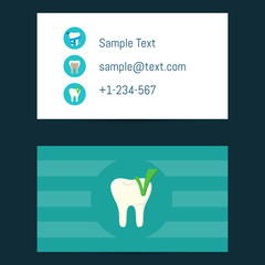 Professional business card template for dentists with tooth symbol on blue background, vector illustration. Dental office or clinic visiting card. Dental care concept