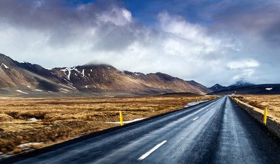 Landscape with sense of speed on the road. Iceland.