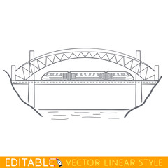 Train on bridge. Editable outline sketch illustration.
