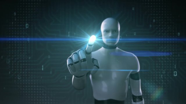 Robot, cyborg touching screen, artificial intelligence, computer technology, humanoid science.1.
