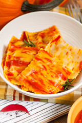 Roasted Pumpkin and Bell Pepper Ravioli. Selective focus.