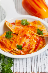 Roasted Pumpkin and Bell Pepper Ravioli. Selective focus.