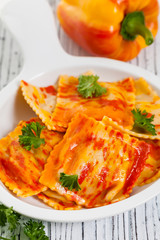 Roasted Pumpkin and Bell Pepper Ravioli. Selective focus.