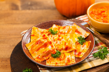 Roasted Pumpkin Ravioli. Selective focus.