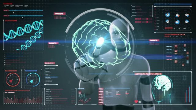 Robot, cyborg touching digital screen, humanoid, Scanning Brain in digital display dashboard. X-ray view