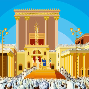 Jerusalem Temple. A scene of a Jewish King long ago in the era of the second Temple in Jerusalem called Hakhel. The Jewish festival of Sukkot. vector clipart