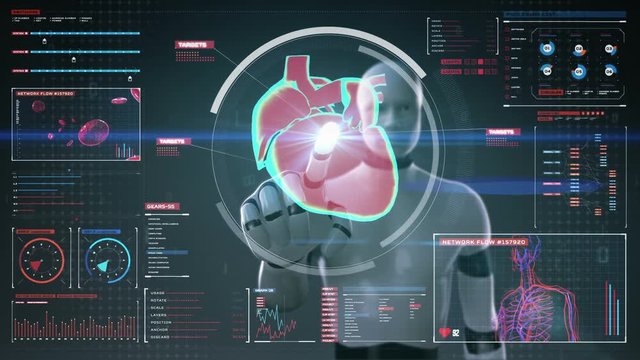 Robot, cyborg touching digital screen, scanning heart. Human cardiovascular system. medical technology.