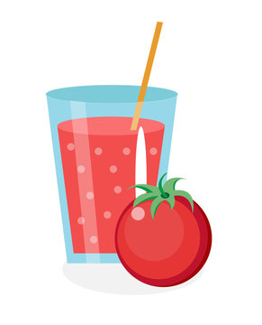 Tomato juice in a glass. Fresh   isolated on white background.    icon.  drink.  cocktail smoothie. Vector illustration