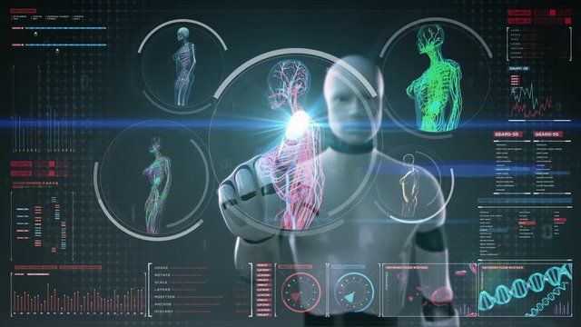 Robot, cyborg touching digital screen, Female body scanning blood vessel, lymphatic, circulatory system in digital display dashboard. Blue X-ray view.