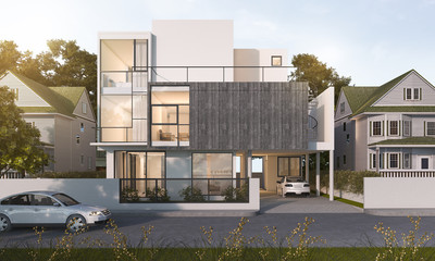 Fototapeta na wymiar 3d rendering beautiful modern house in village near park in summer