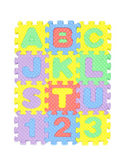 Alphabet and number jigsaw set isolated on white background.