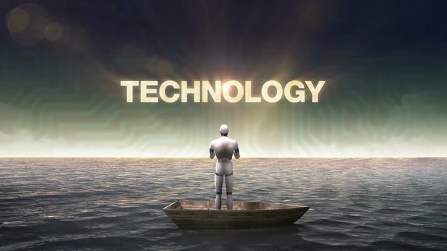 Rising typo 'TECHNOLOGY', front of Robot, cyborg on a ship, in the ocean, sea.