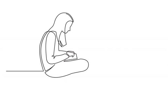 animation of continuous line drawing of woman sitting with computer laptop