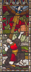 ROME, ITALY - MARCH 9. 2016: The Conversion of St. Paul on the stained glass of All Saints' Anglican Church by workroom Clayton and Hall (19. cent.)