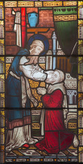 ROME, ITALY - MARCH 9. 2016: The Ananias restoring sight to Saul on the stained glass of All...