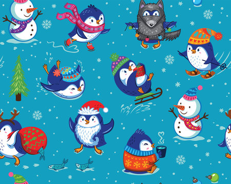 Seamless pattern with funny penguins isolated on blue background