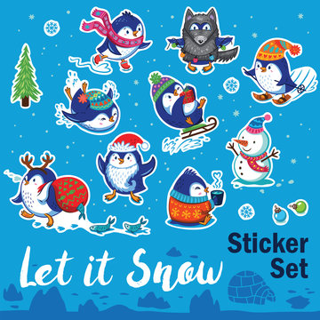 Snow sticker set with cartoon penguins, snowman and snowflakes