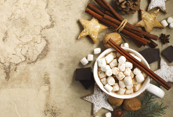 Hot chocolate with marshmallows and cinnamon,  top view, horizon