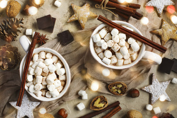 Hot chocolate with marshmallows and cinnamon,  top view, horizon