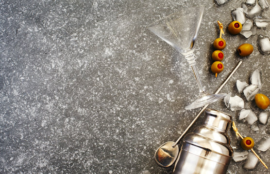 Ingredients and bar utensils for making martini cocktail. Top view