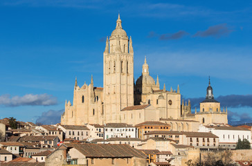Fototapeta na wymiar Segovia - Segovia - Cathedral Our Lady of the Assumption in evening light.