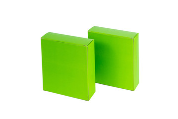 Two Green Box with lid open or green paper package box isolated