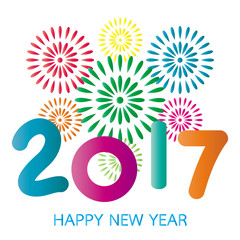 2017 Happy New Year greeting card with fireworks colorful celebration on white background - 127138737