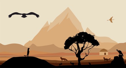 Vector landscape of wild valley and mountains, silhouettes of animals, trees,mountains